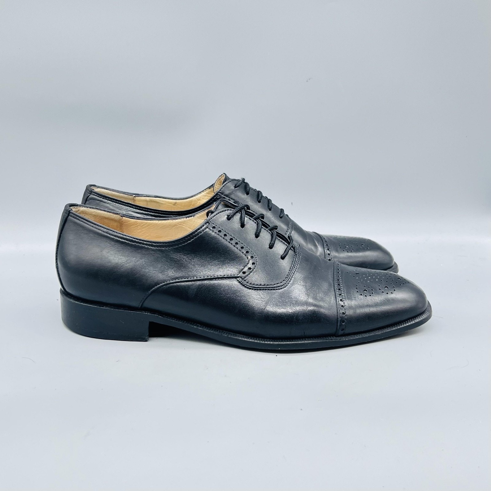 Bally Shoes Mens 10.5 Black Leather Orlano Cap Toe Oxford Dress Brogue Classic